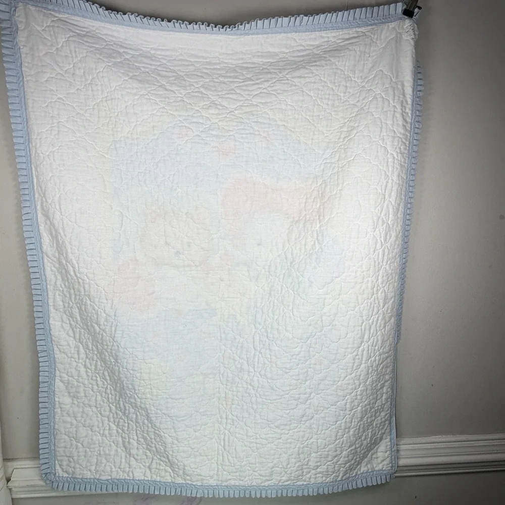 VTG Baby Crib Quilt Blanket‎ Blue Bear Elephant Duck Hearts Boys Nursery Decor